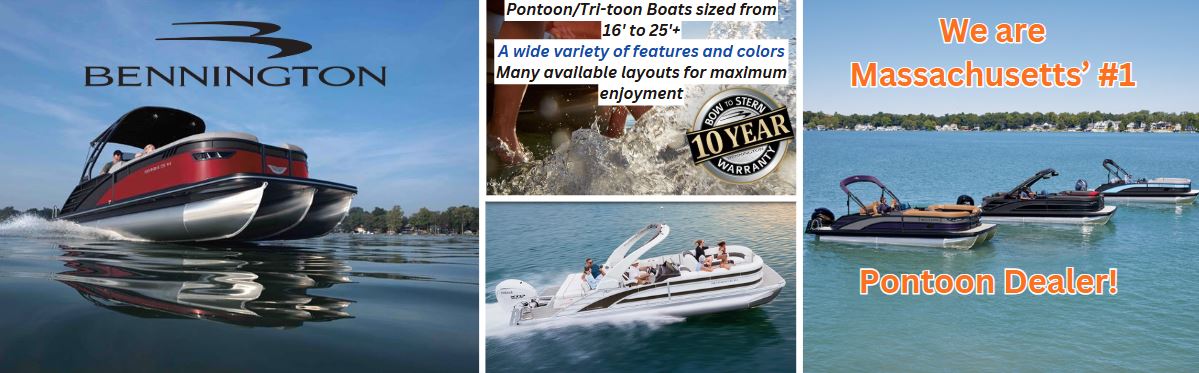 We are Massachusetts' #1 Pontoon Dealer! Pontoon/Tri-toon Boats sized from 16' to 25'+ A wide variety of features and colors. Many available layouts for maximum enjoyment!